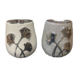 deco porta velas blanco plata diseño hojas